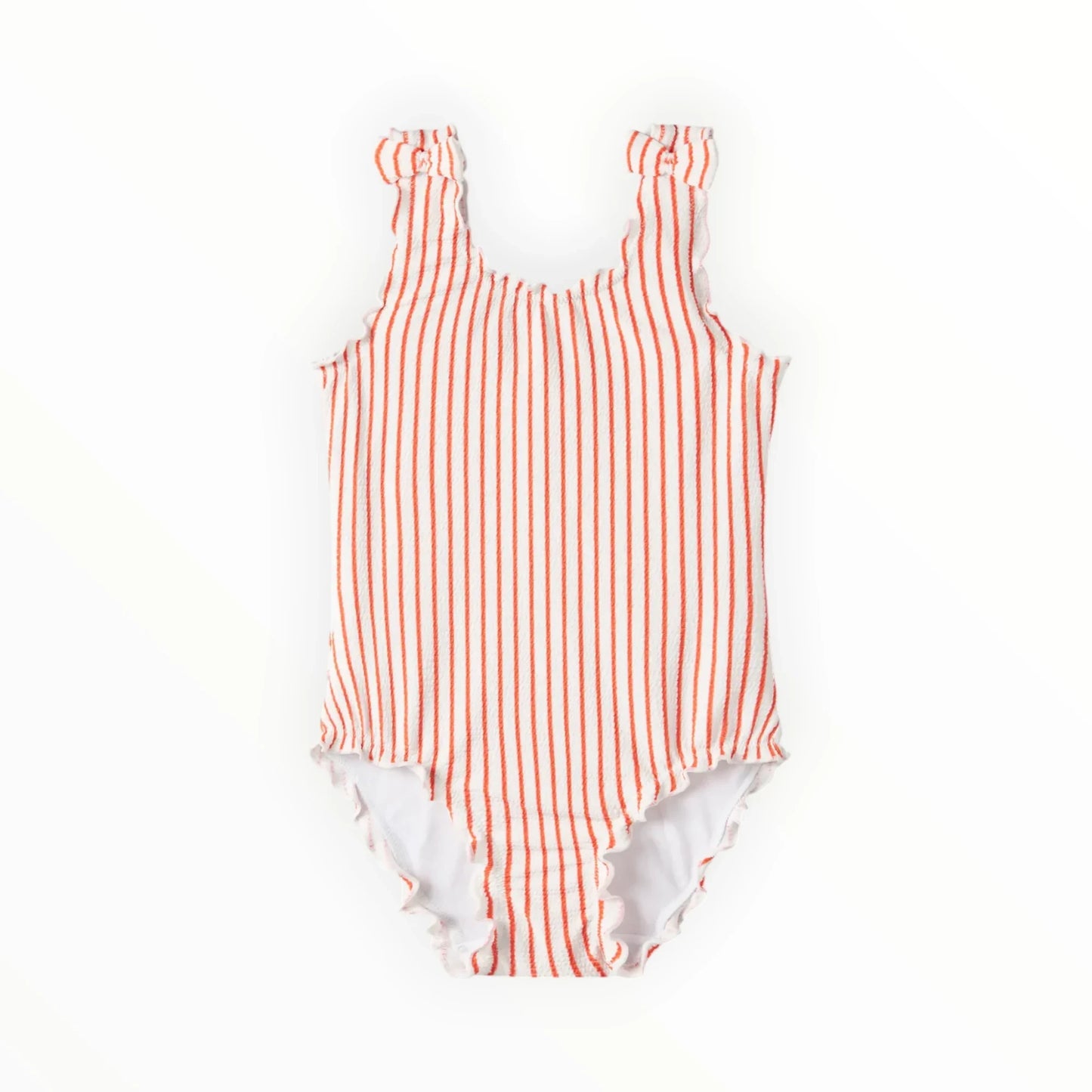 Pierrot Outlet meisjes badpak rood-wit gestreept met ruches en strikbandjes. Zachte, sneldrogende stof.