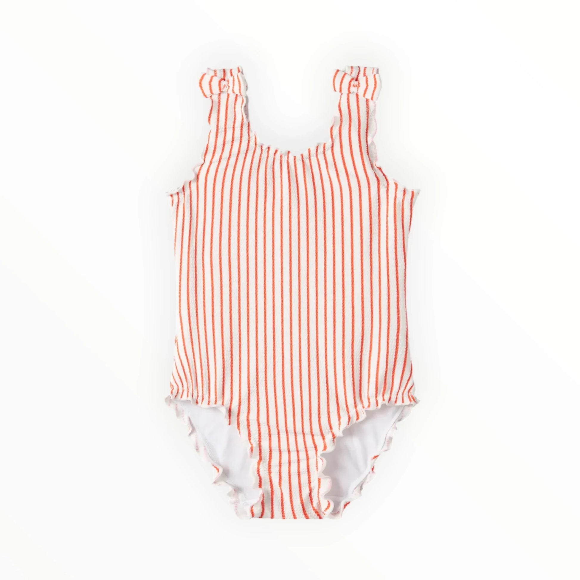 Pierrot Outlet meisjes badpak rood-wit gestreept met ruches en strikbandjes. Zachte, sneldrogende stof.