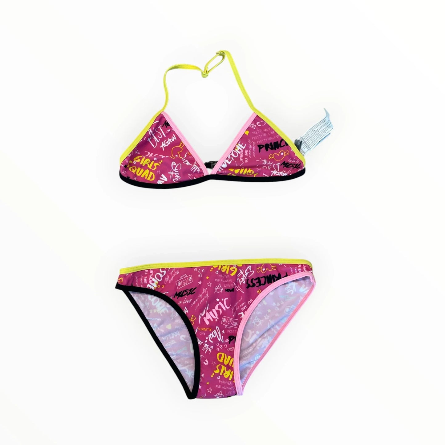 Pierrot Outlet roze bikini voor meisjes met graffiti print, gele bandjes en zwarte afwerking in triangelmodel.