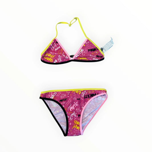Pierrot Outlet roze bikini voor meisjes met graffiti print, gele bandjes en zwarte afwerking in triangelmodel.