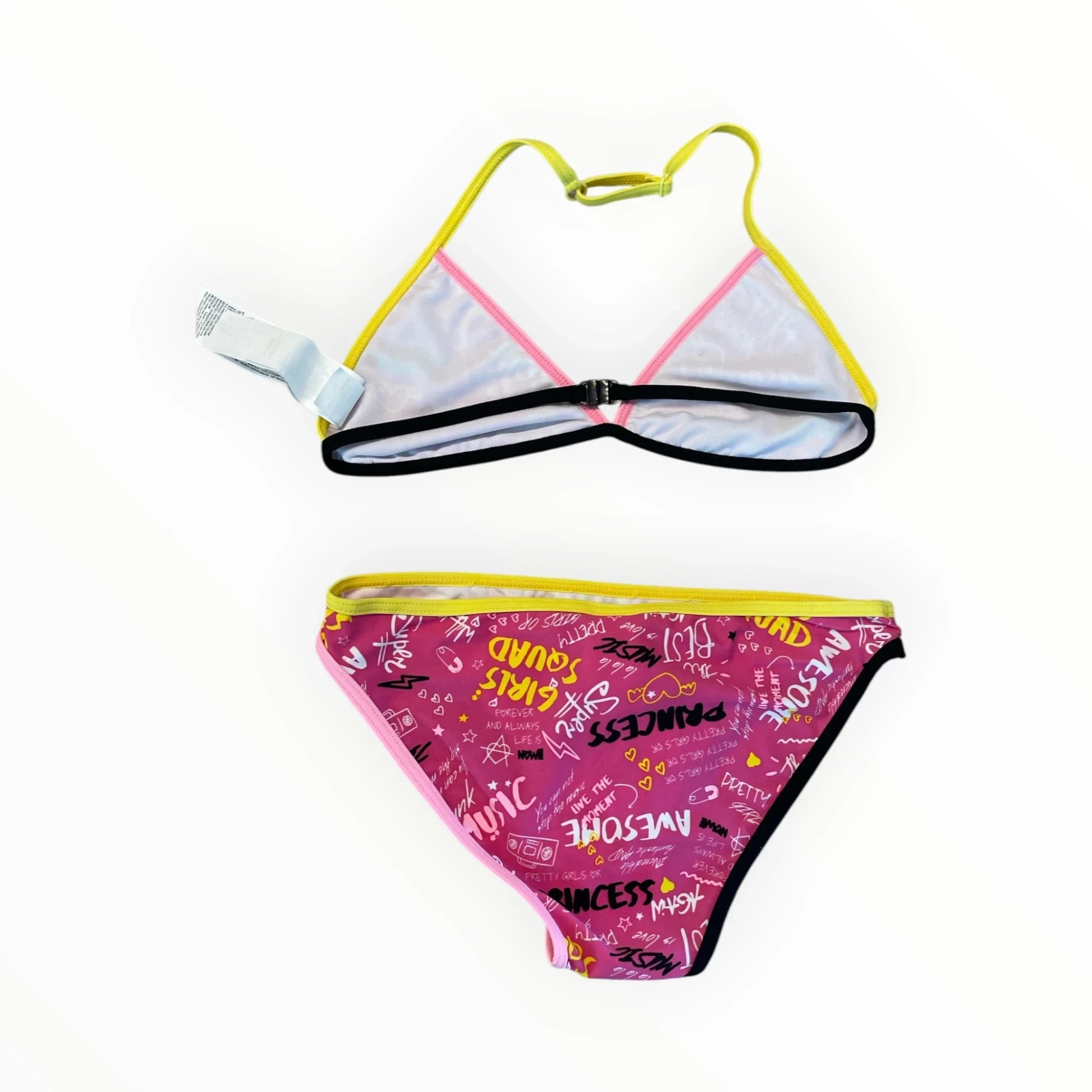 Pierrot Outlet roze bikini voor meisjes met graffiti print, gele bandjes en zwarte afwerking in triangelmodel.