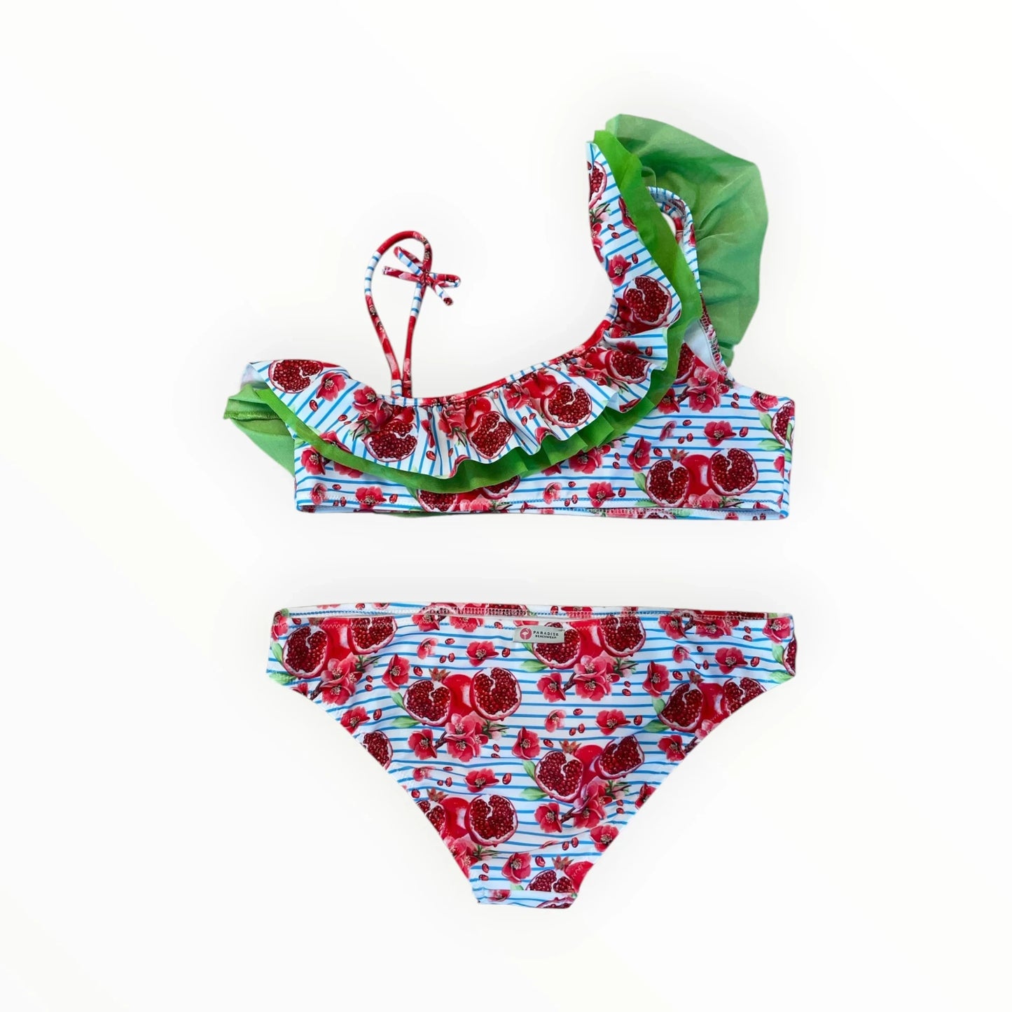 Pierrot Outlet meisjesbikini met granaatappelprint, blauwe strepen en een opvallende groene ruche op de schouder.
