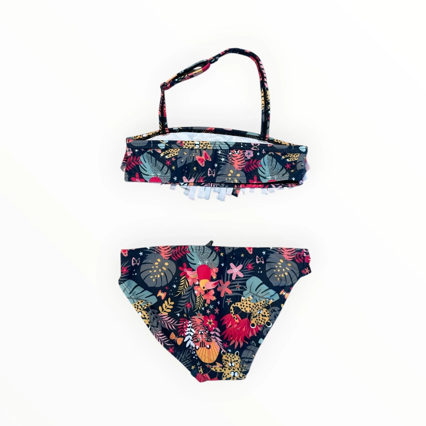 Pierrot Outlet bikini voor meisjes met jungle-print, ruffle-top en verstelbare bandjes in kleurrijke tropische stijl.
