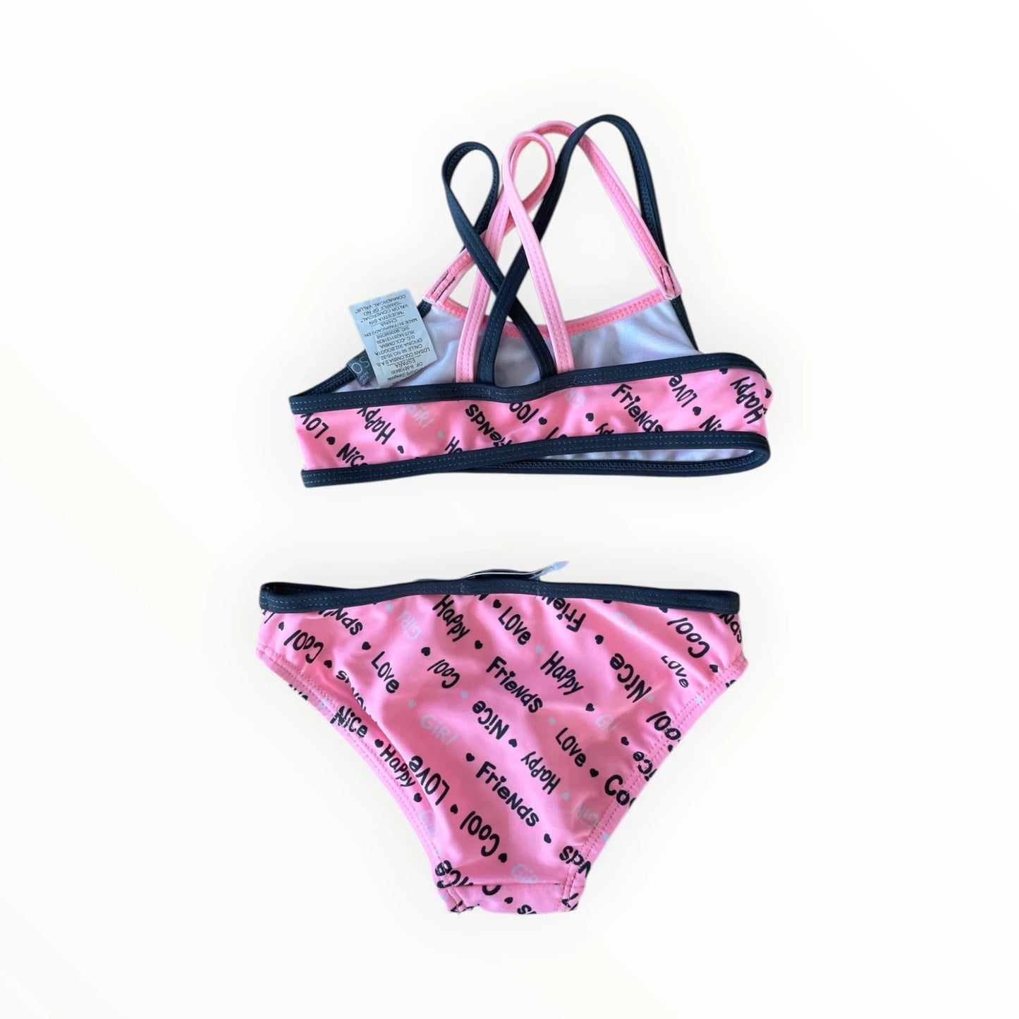 Pierrot Outlet roze bikini voor meisjes met tekstprint en donkerblauwe biezen, ideaal voor zwemmen en strand.