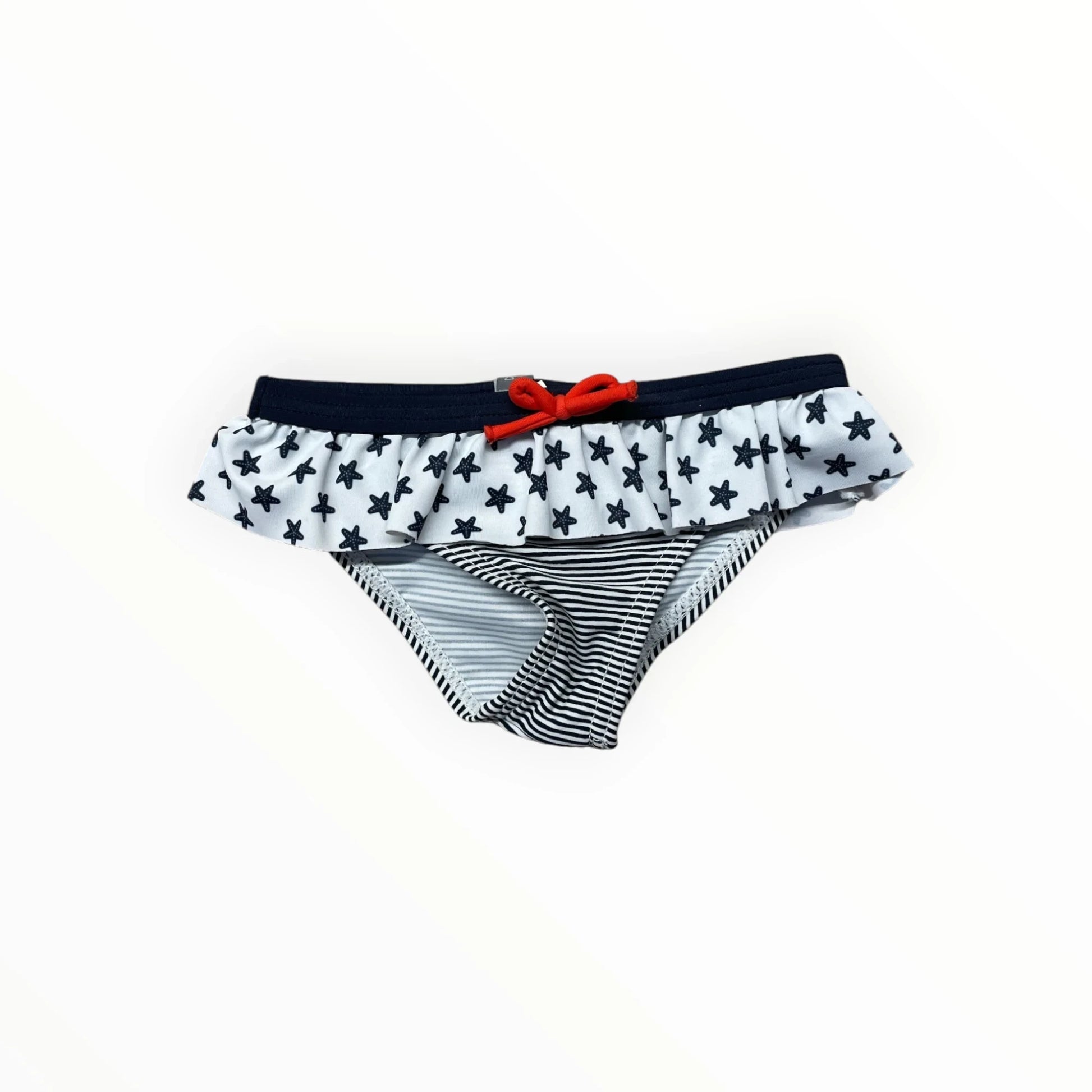 Pierrot Outlet meisjes bikinibroekje met sterrenprint, ruches en rood strikje, wit met blauw gestreept.