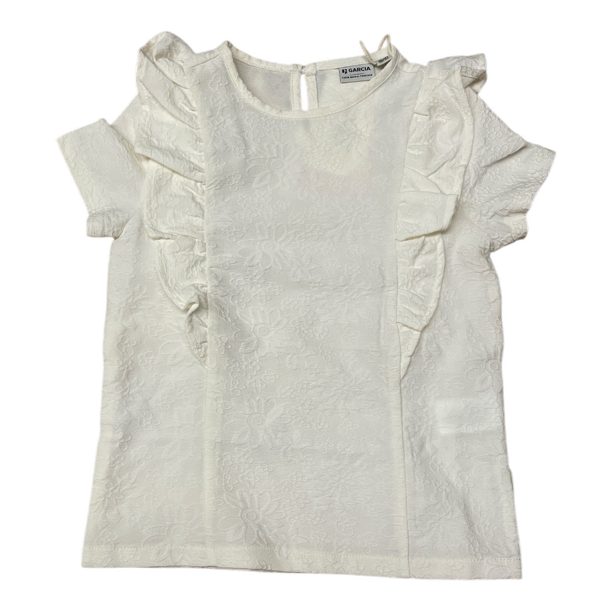 Pierrot Outlet meisjes blouse met ruches, crèmekleurig, geborduurde stof, korte mouwen, perfect voor elke gelegenheid.