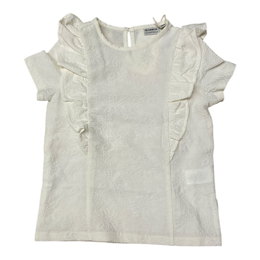 Pierrot Outlet meisjes blouse met ruches, crèmekleurig, geborduurde stof, korte mouwen, perfect voor elke gelegenheid.