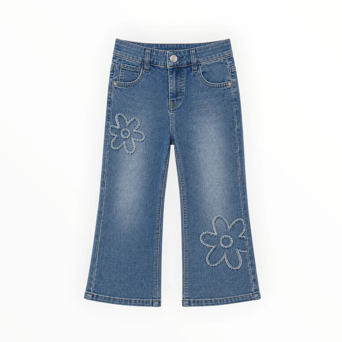 Pierrot Outlet flared jeans voor meisjes in mediumblauwe denim met speelse bloemapplicaties op de pijpen