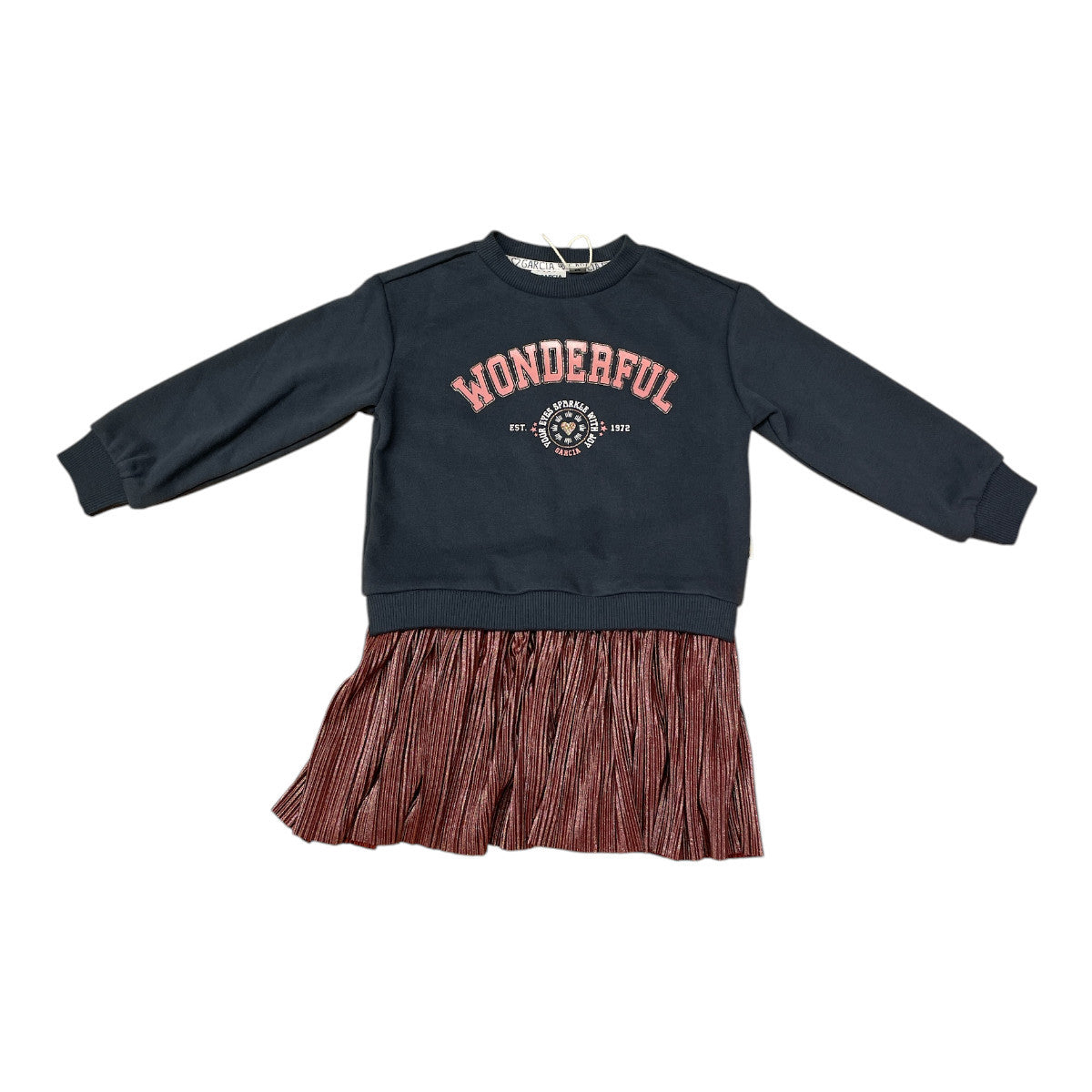 Pierrot Outlet meisjes jurk met donkerblauwe sweater en koperkleurige plissé rok met "WONDERFUL" print.