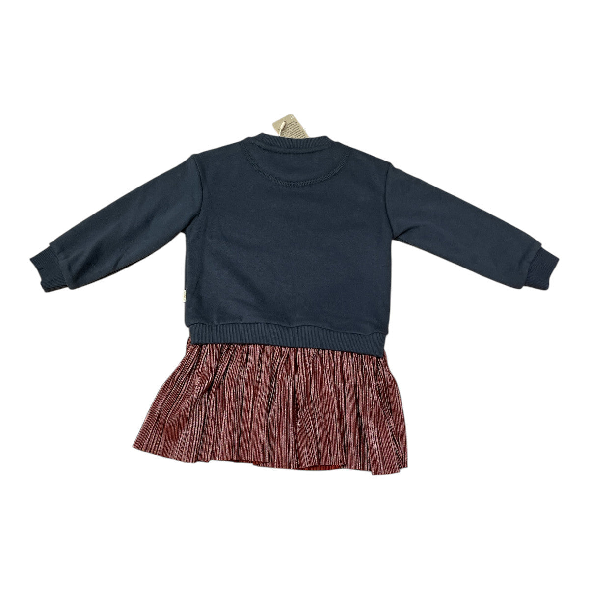 Pierrot Outlet meisjes jurk met donkerblauwe sweater en koperkleurige plissé rok. Gemaakt van katoen.