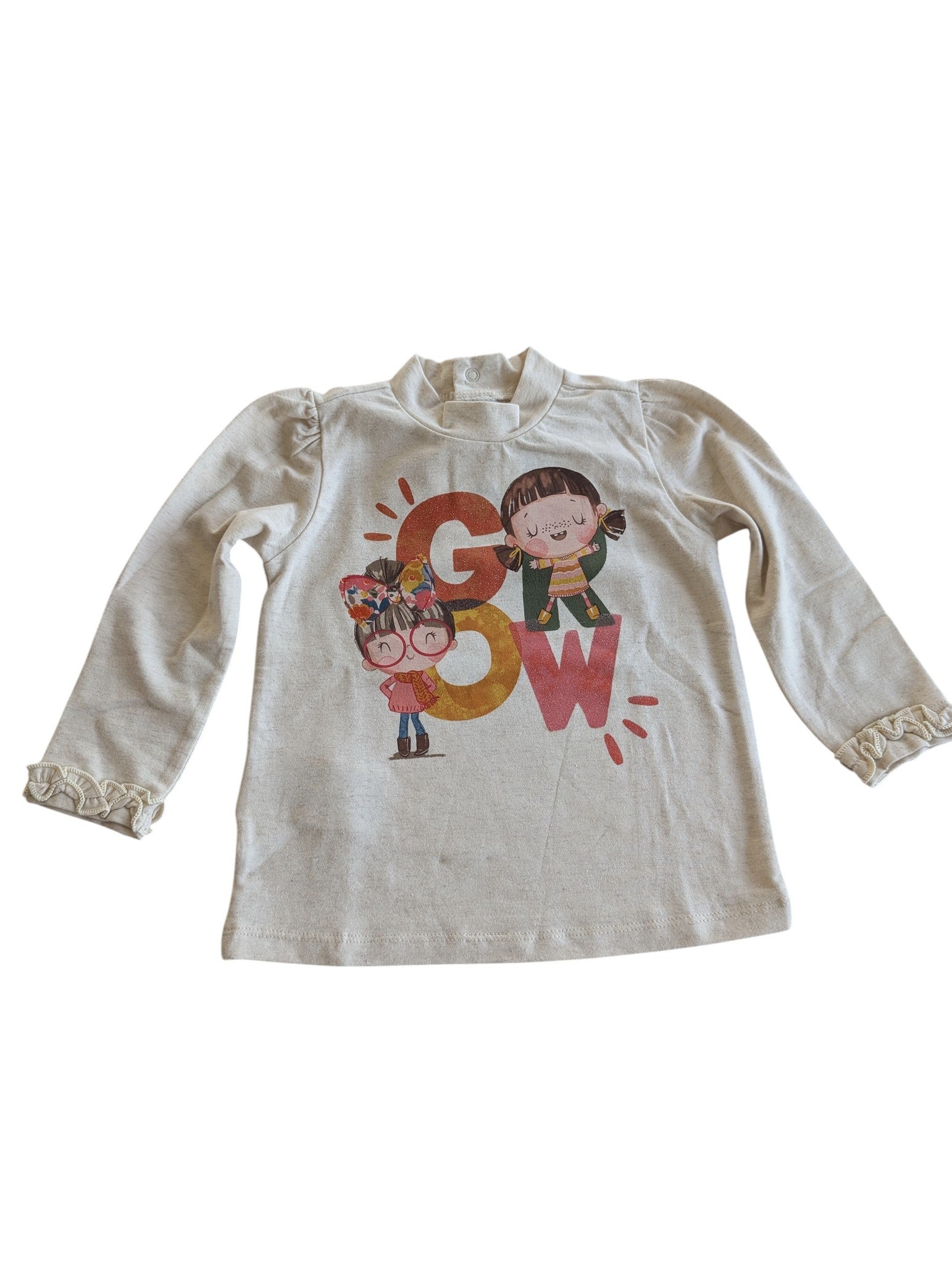 Pierrot Outlet meisjes longsleeve shirt met opdruk 'GROW' en ruches aan de mouwen, beige gebreide stof
