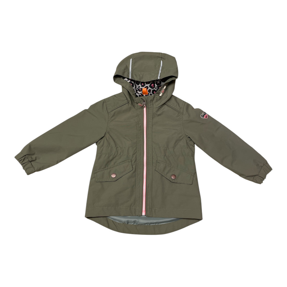 Pierrot Outlet kaki meisjes parka jas met capuchon en panterprint voering. Ideaal voor avontuur.
