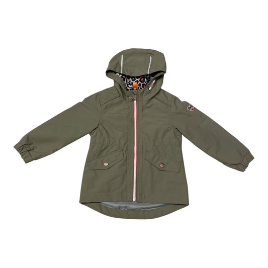 Pierrot Outlet kaki meisjes parka jas met capuchon en panterprint voering. Ideaal voor avontuur.