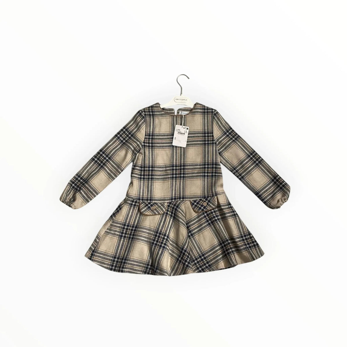 Pierrot Outlet meisjesjurk met lange mouwen in beige en bruin ruitpatroon en decoratieve zakjes