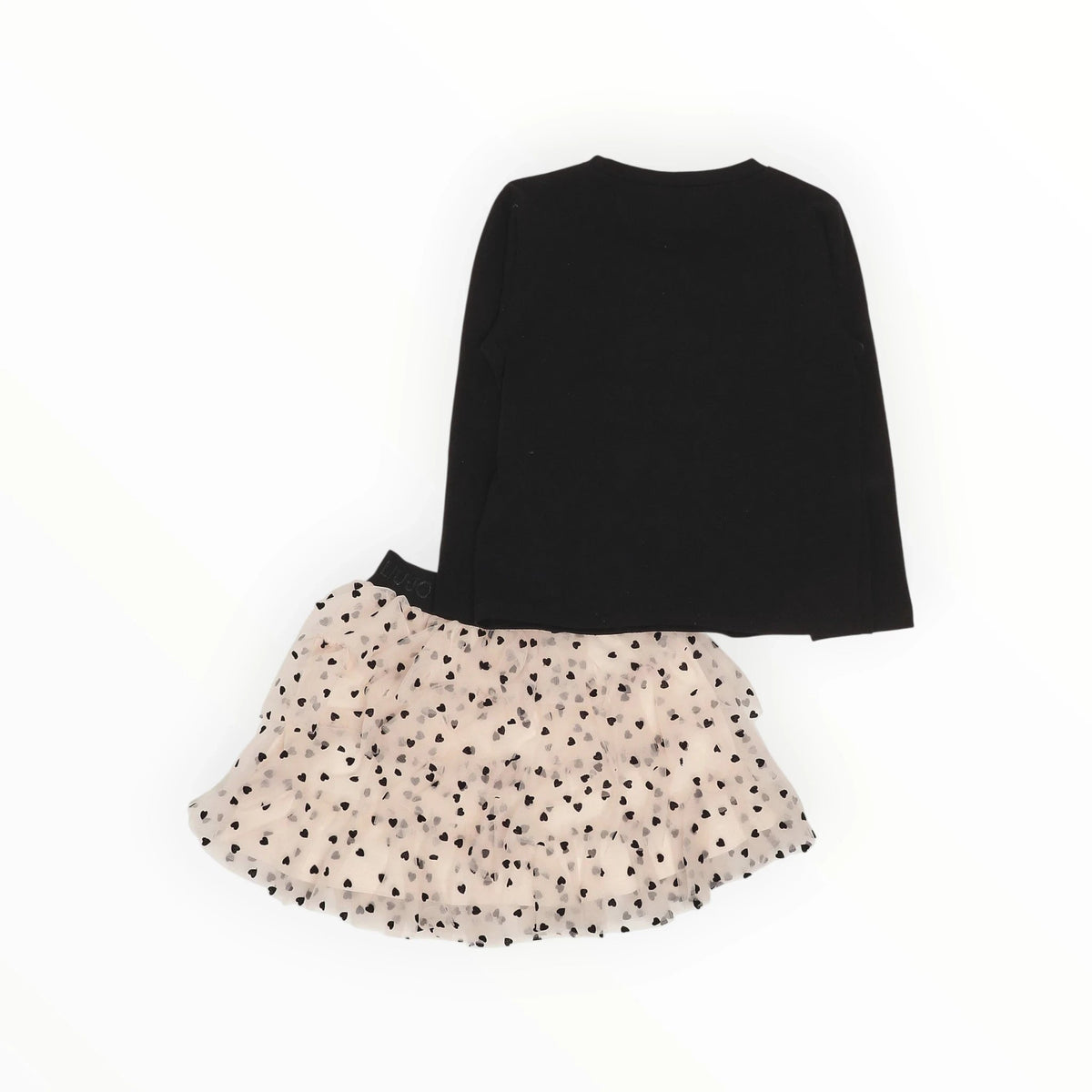Pierrot Outlet meisjes set met zwarte longsleeve en poederroze tule rok met hartjespatroon