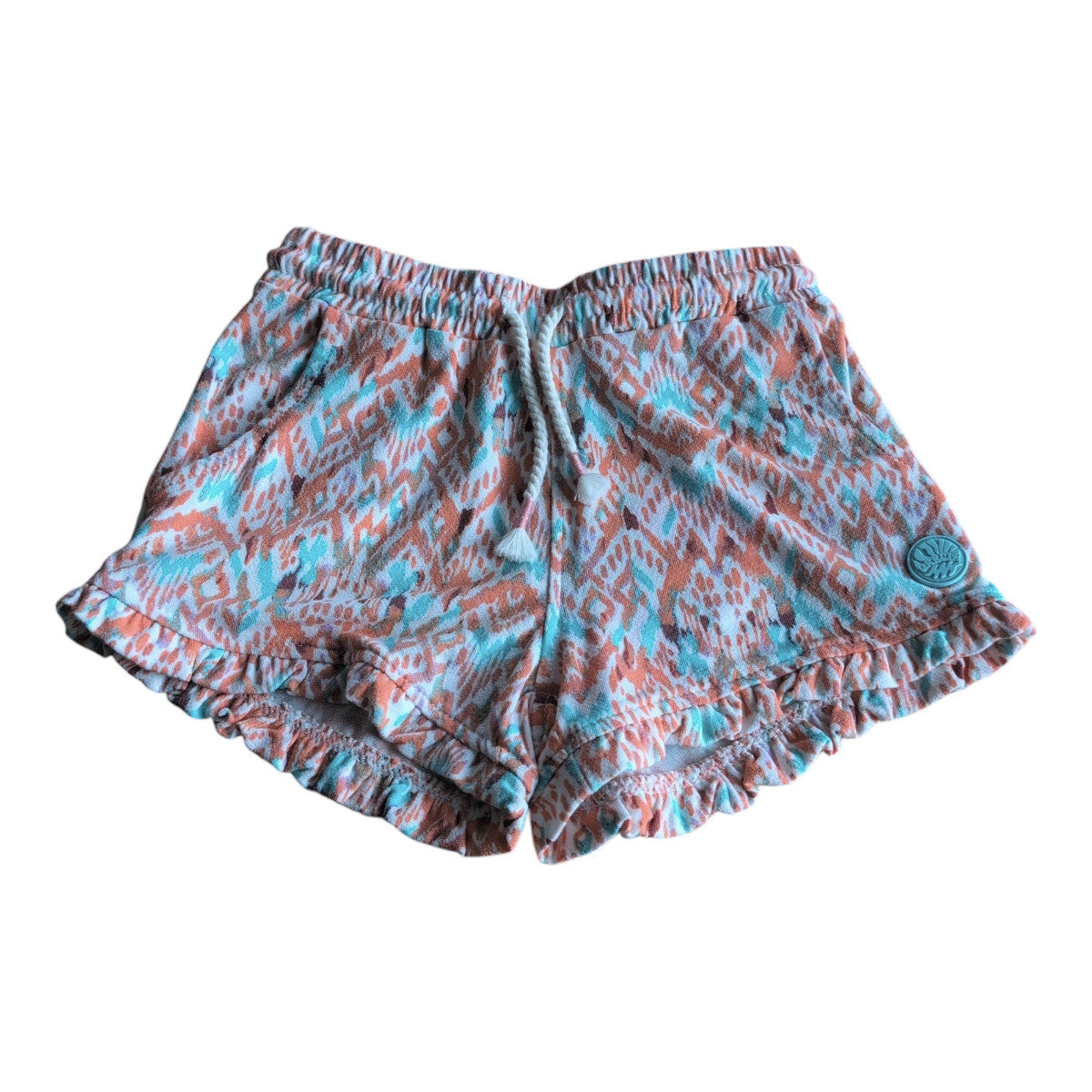 Pierrot Outlet meisjes shorts met oranje, turquoise en witte print, ruches zoom en trekkoord.