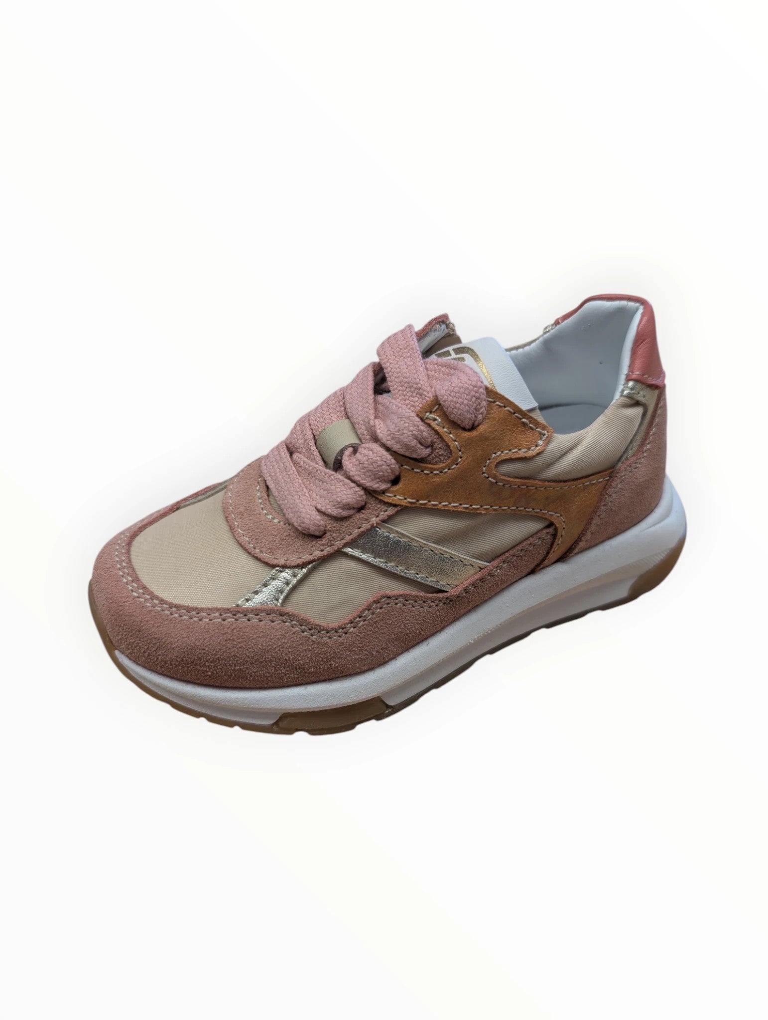 Pierrot Outlet meisjes sneakers in roze en beige met gouden accenten. Suède-achtige en glanzende stof, veters en rits.
