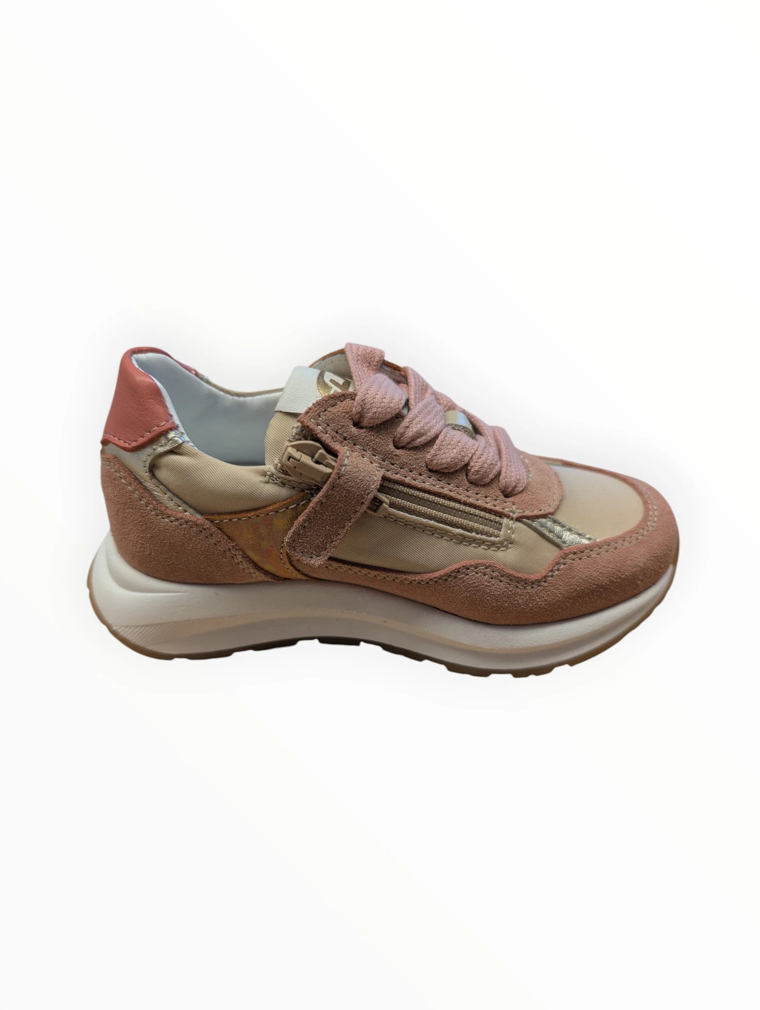 Pierrot Outlet meisjes sneakers in roze en beige met gouden accenten, veters en rits. Suède-look en glanzende stof.