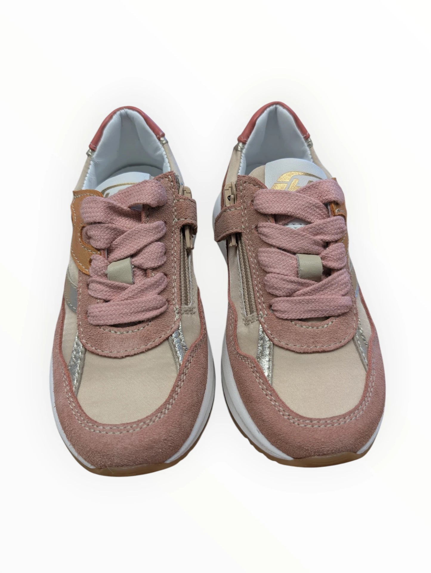 Pierrot Outlet meisjes sneakers in roze en beige met veters, rits en gouden accenten. Suède-look en glanzende stof.