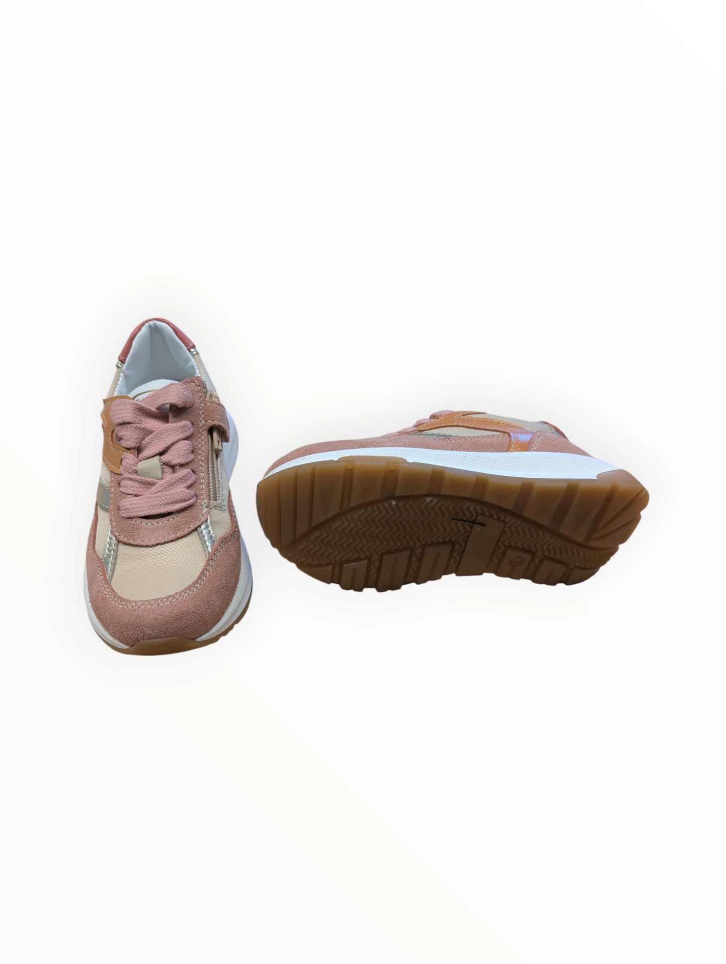 Pierrot Outlet meisjes sneakers in roze en beige met gouden accenten, veters en rits. Suède-achtige en glanzende stof.