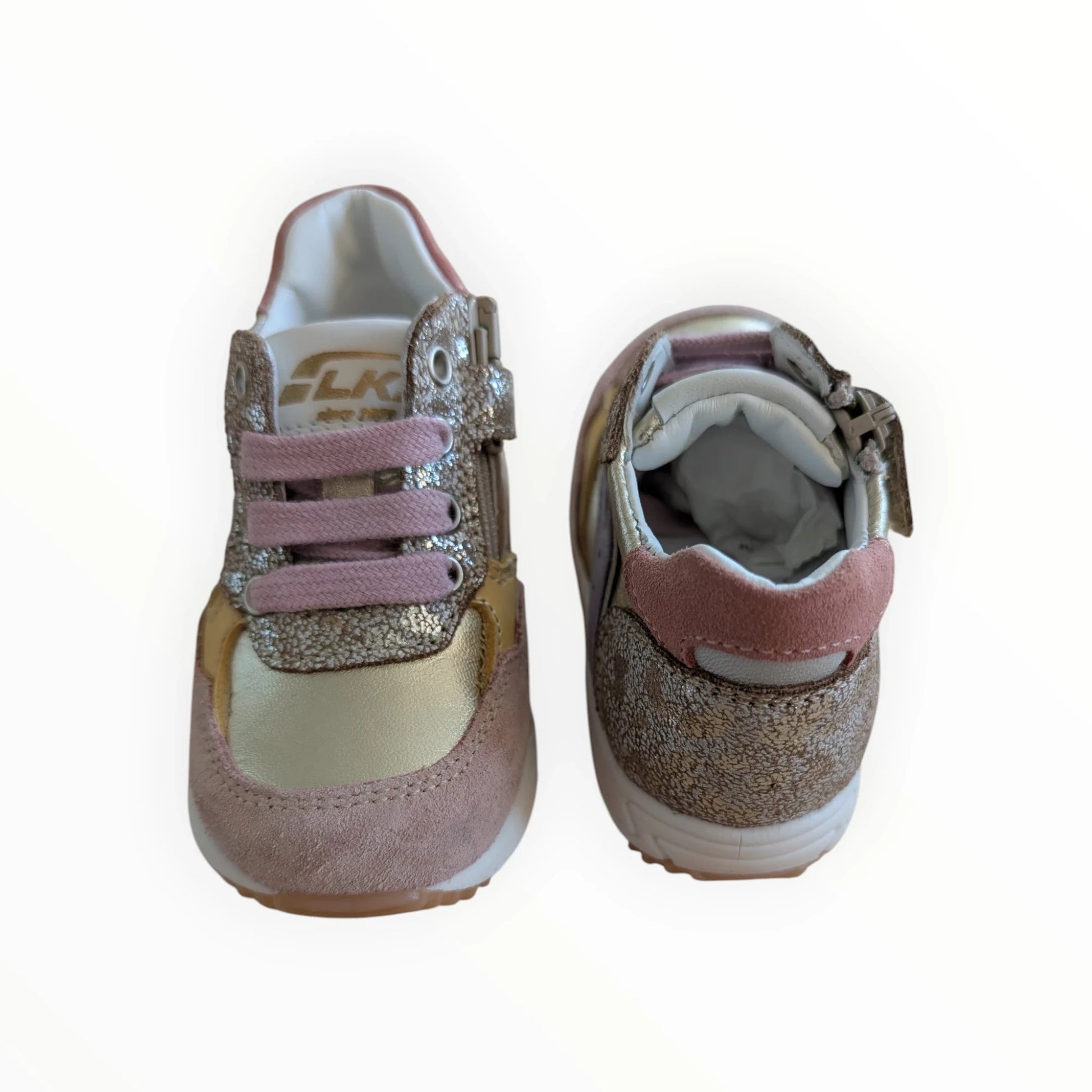 Pierrot Outlet meisjes sneakers met glitter in roze en goud, suède en vetersluiting, met rits aan de zijkant.