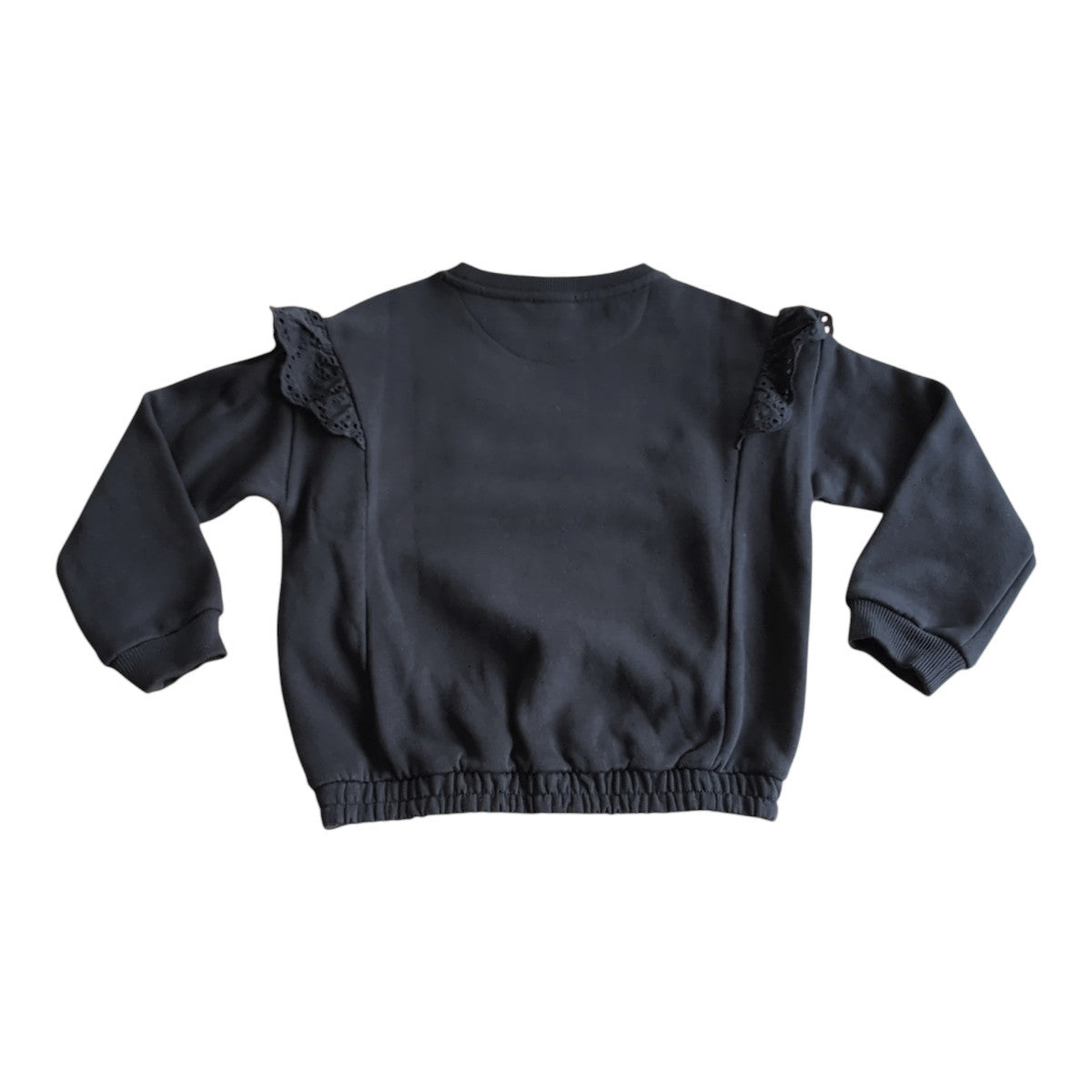 Pierrot Outlet meisjes sweater met ruches en kant, navy blauw, zachte stof, elastische boorden, ideaal voor dagelijks gebruik.