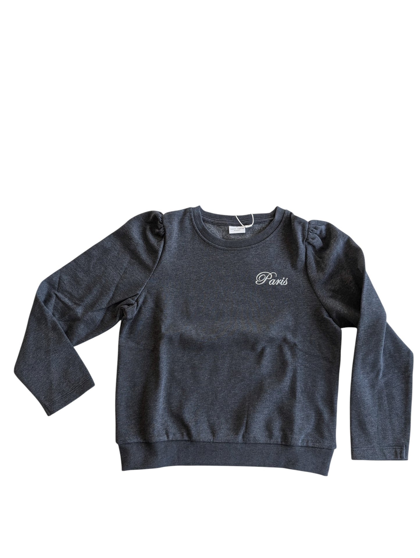 Pierrot Outlet meisjes donkergrijs sweatshirt met pofmouwen en 'Paris' tekst, katoenmix