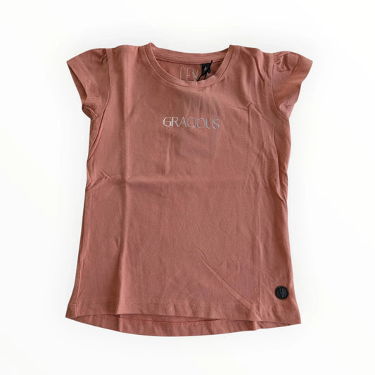 Pierrot Outlet meisjes T-shirt met korte pofmouwtjes en de tekst GRACIOUS in glinsterende letters, zachtroze katoen.