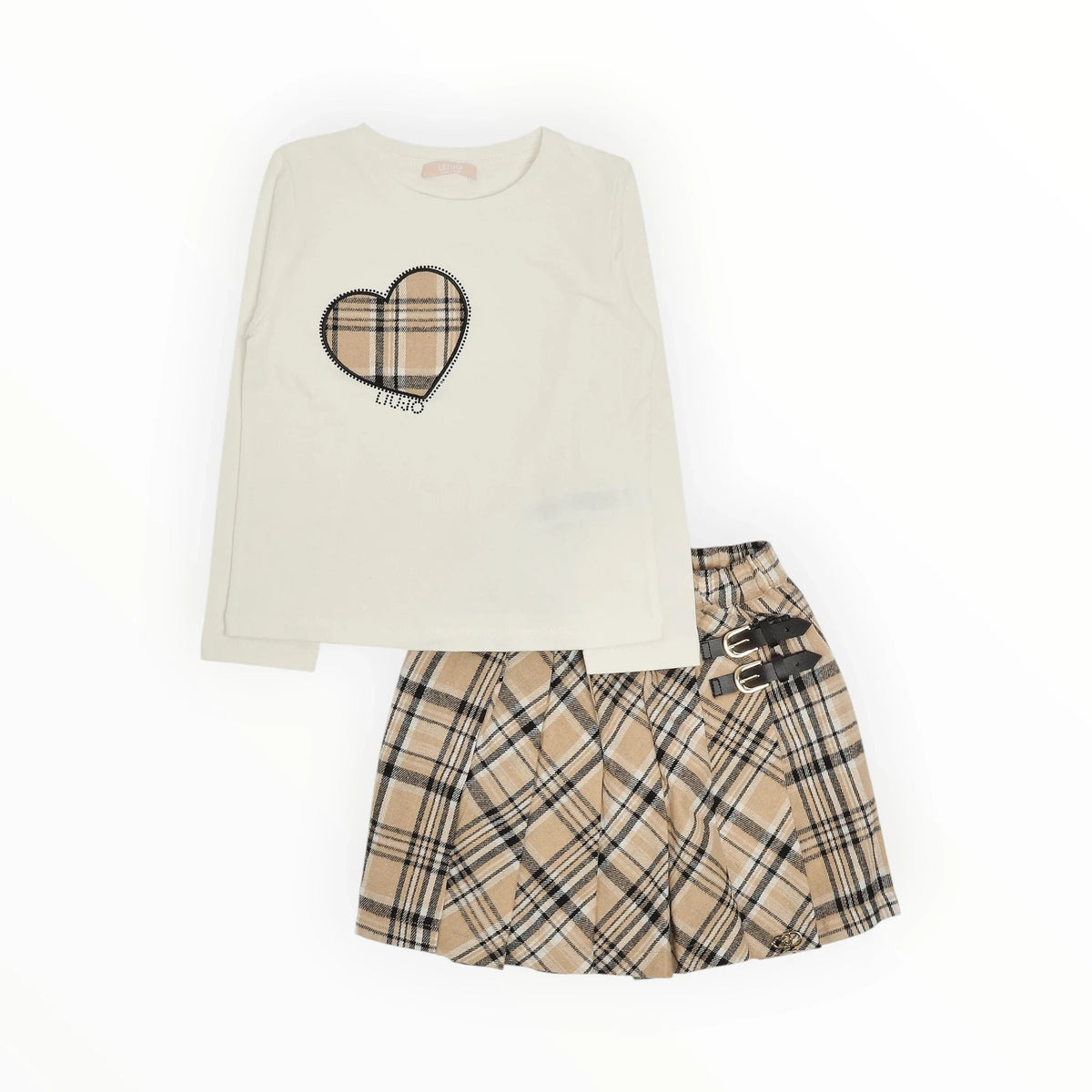 Pierrot Outlet tweedelige set met off-white shirt met hartdetail en beige geruite rok voor meisjes