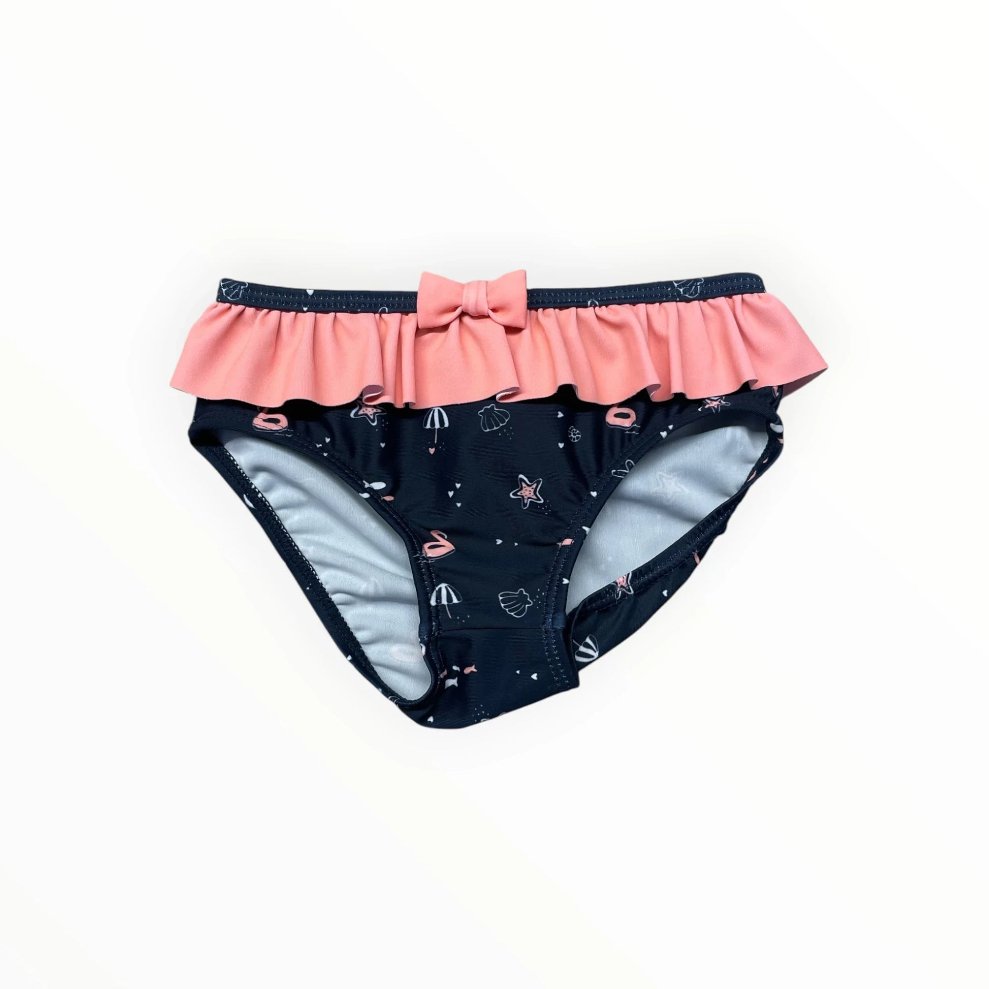 Pierrot Outlet meisjes zwembroekje in donkerblauw met zeesterrenprint, roze ruches en een schattig strikje.