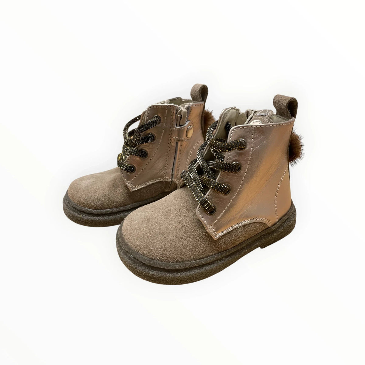Pierrot Outlet metallic enkellaarsjes voor kinderen met suède details, glitterveters en bontaccent aan de achterkant