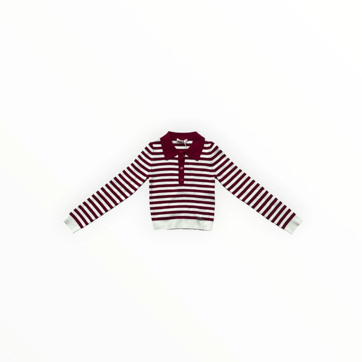Pierrot Outlet Miu Miu gebreide polo voor kinderen met dieprode en witte strepen, polokraag en lange mouwen.