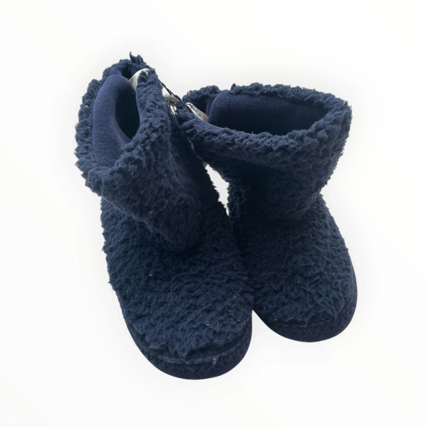 Pierrot Outlet navy blauwe fleece laars pantoffels met omgeslagen boord, gemaakt van teddy stof en fleece voering.