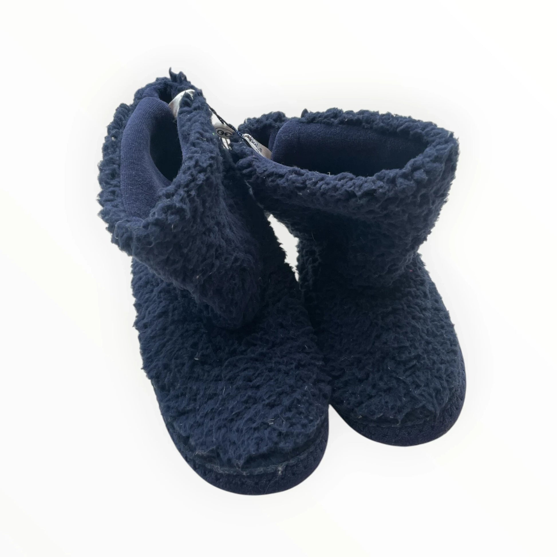 Pierrot Outlet navy blauwe fleece laars pantoffels met omgeslagen boord, gemaakt van teddy stof en fleece voering.