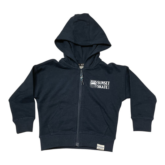 Pierrot Outlet navy katoenen hoodie met rits, capuchon en 'Sunset Skate' print op de borst en rug.