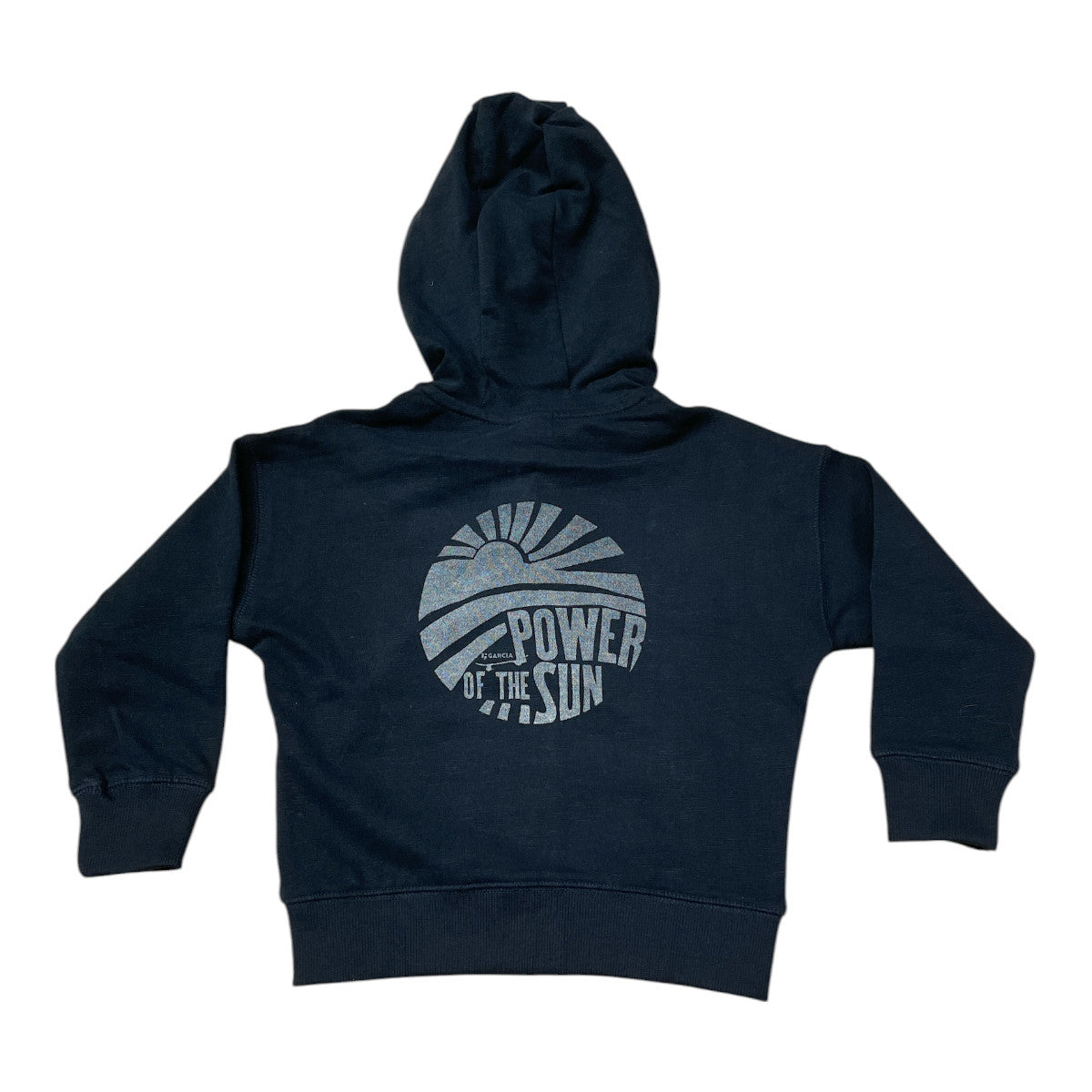 Pierrot Outlet navy katoenen hoodie met capuchon en grafische 'Power of the Sun' print op de rug.