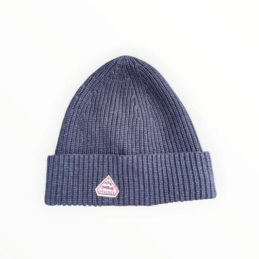 Pierrot Outlet navy blue ribbed knit beanie with a cuffed design and signature triangular Pyrenex brand patch.