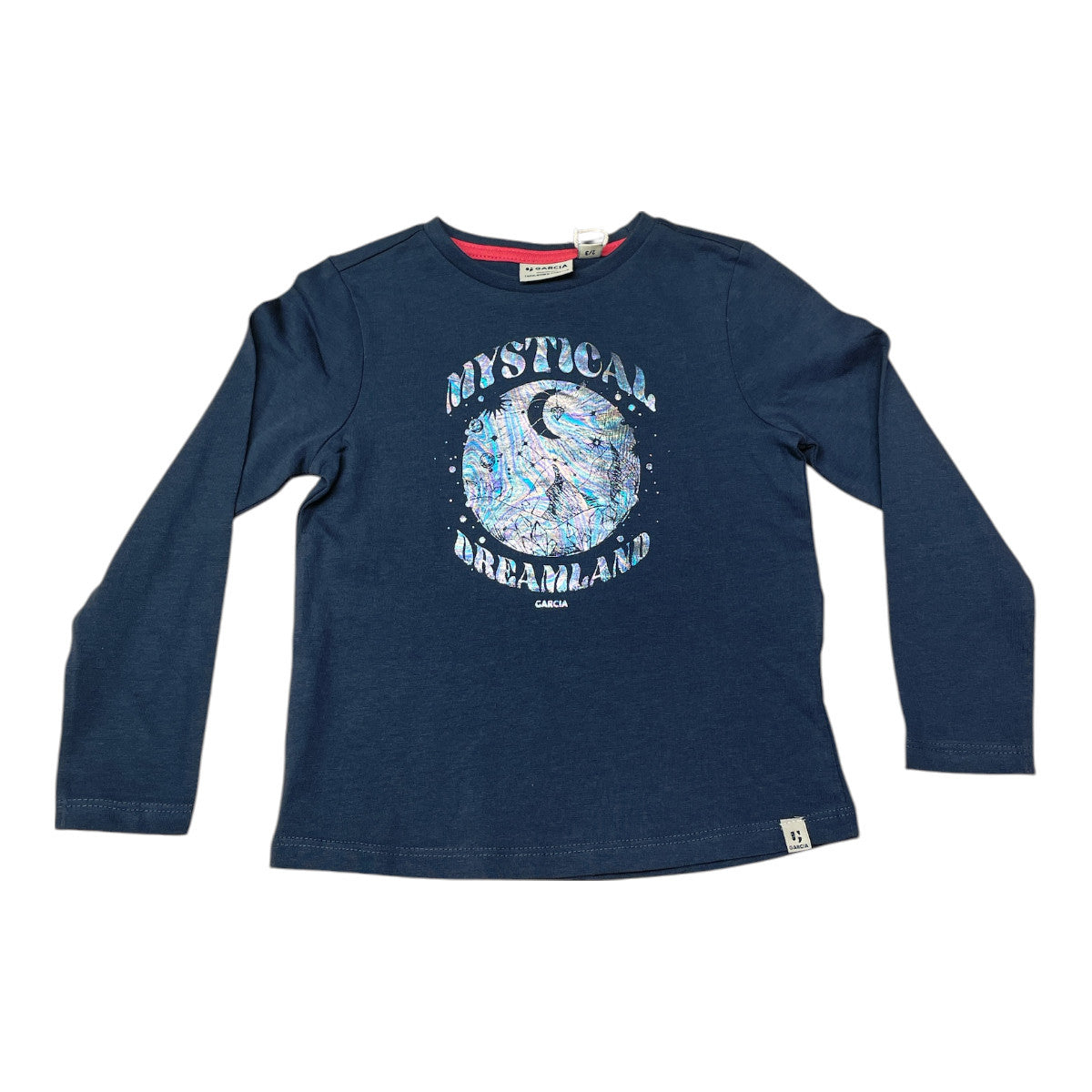 Pierrot Outlet navyblauwe katoenen T-shirt met lange mouwen en 'MYSTICAL DREAMLAND' print voor kinderen.