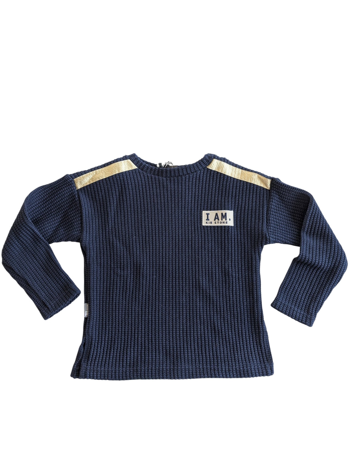 Pierrot Outlet navyblauwe gebreide trui met lange mouwen, ronde hals en gouden schouderbanden.