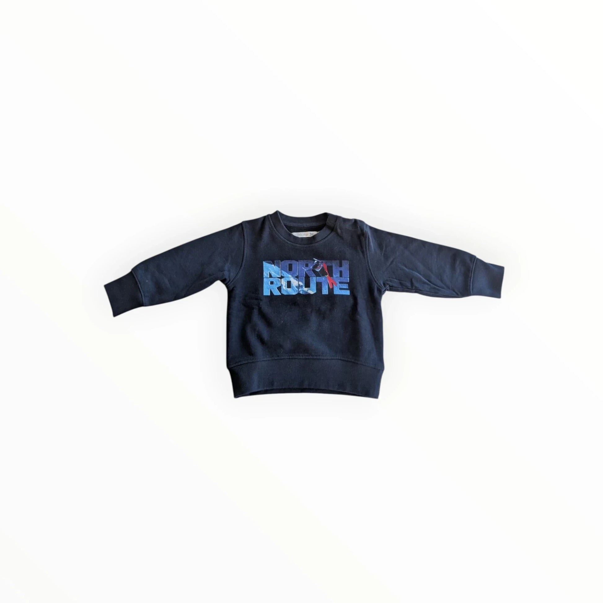 Pierrot Outlet navyblauwe katoenen sweater voor kinderen met 'NORTH ROUTE' print en ronde hals.