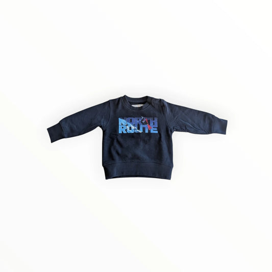 Pierrot Outlet navyblauwe katoenen sweater voor kinderen met 'NORTH ROUTE' print en ronde hals.