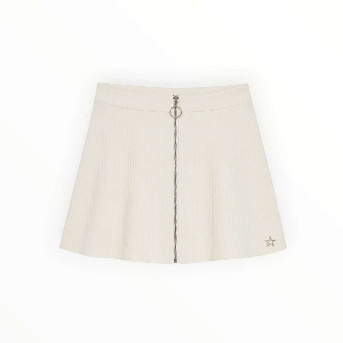 Pierrot Outlet off-white geribbelde A-lijn rok met zilverkleurige rits en ster-embleem aan de voorzijde