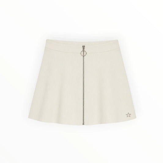 Pierrot Outlet off-white geribbelde A-lijn rok met zilverkleurige rits en ster-embleem aan de voorzijde