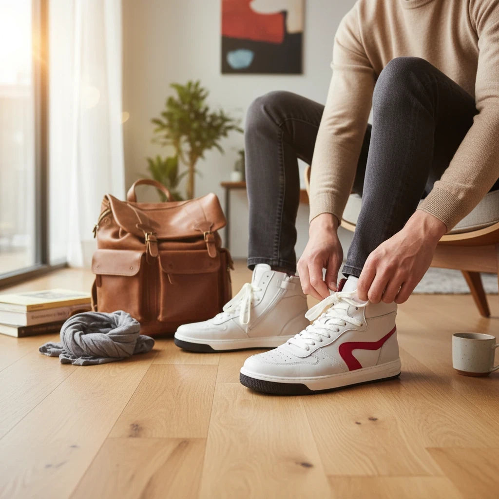 Pierrot Outlet off-white HIP high-top sneakers met rode accenten, veters en ritssluiting gedragen door een man.