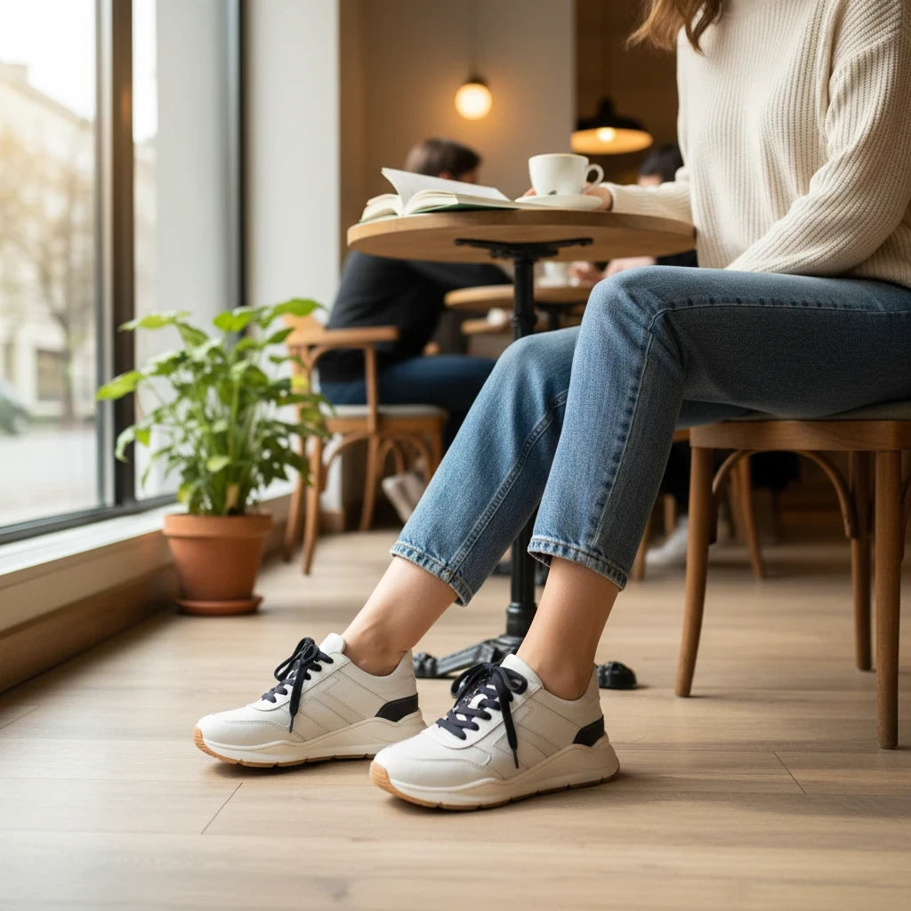 Pierrot Outlet off-white leren damessneakers met zwarte veters en hielaccent, gedragen in een gezellig café.