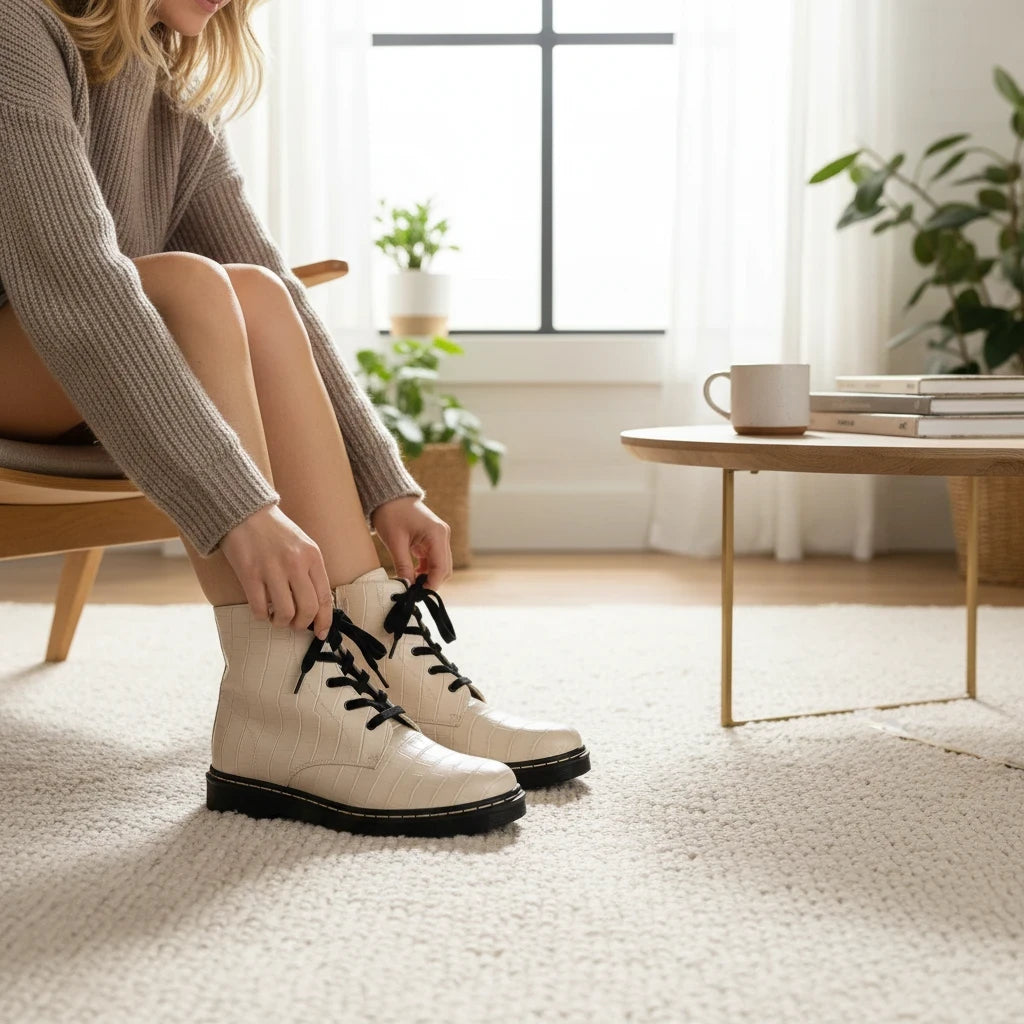 Pierrot Outlet off-white lederen veterboots met krokodillenprint en zwarte veters, gedragen door een vrouw.