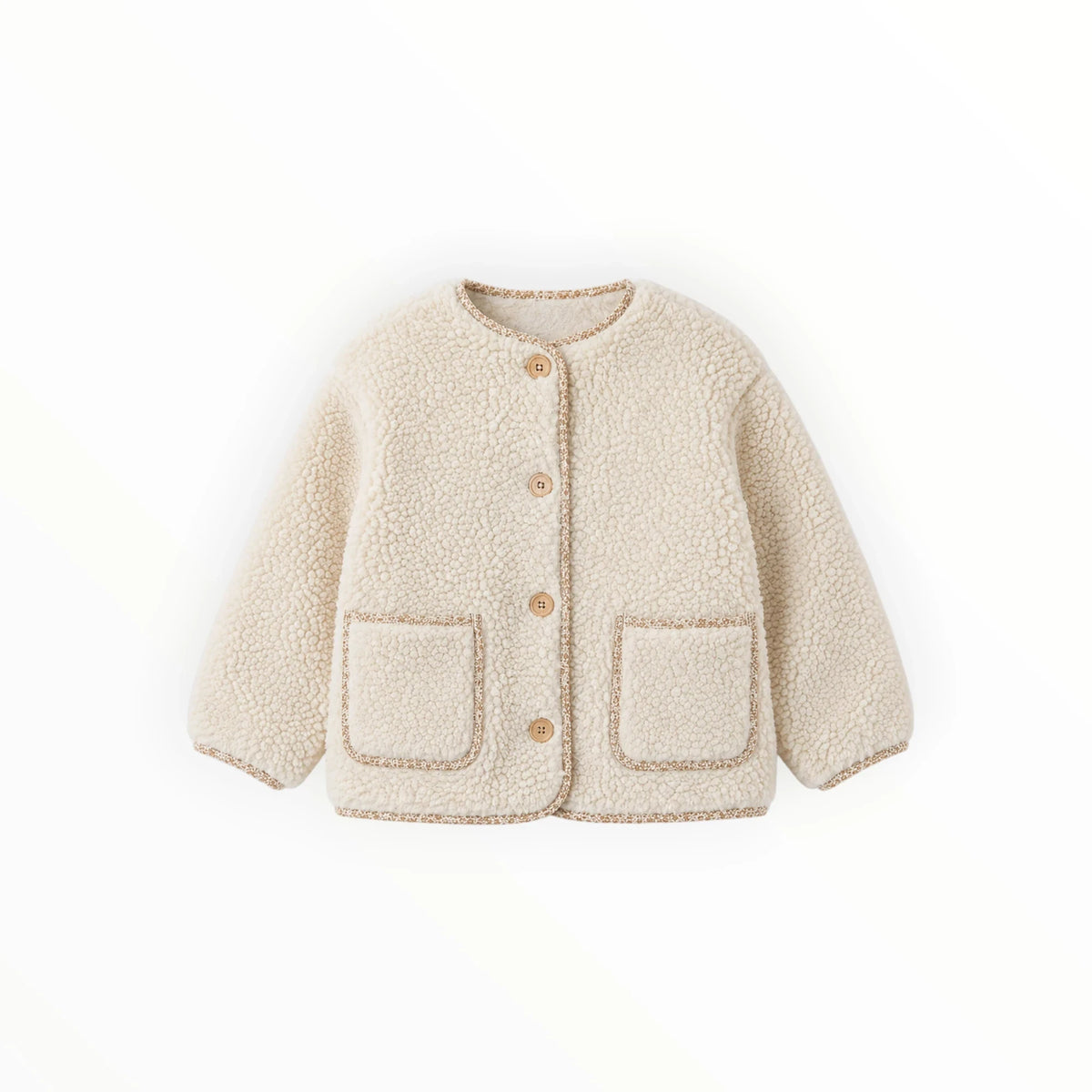 Pierrot Outlet teddyvest voor kinderen in off-white met knoopsluiting, ronde hals en twee opgestikte zakken.