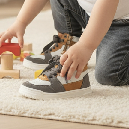 Peuter speelt op een kleed met blokken en draagt Pierrot Outlet high-top sneakers in okergeel, wit en antracietgrijs.