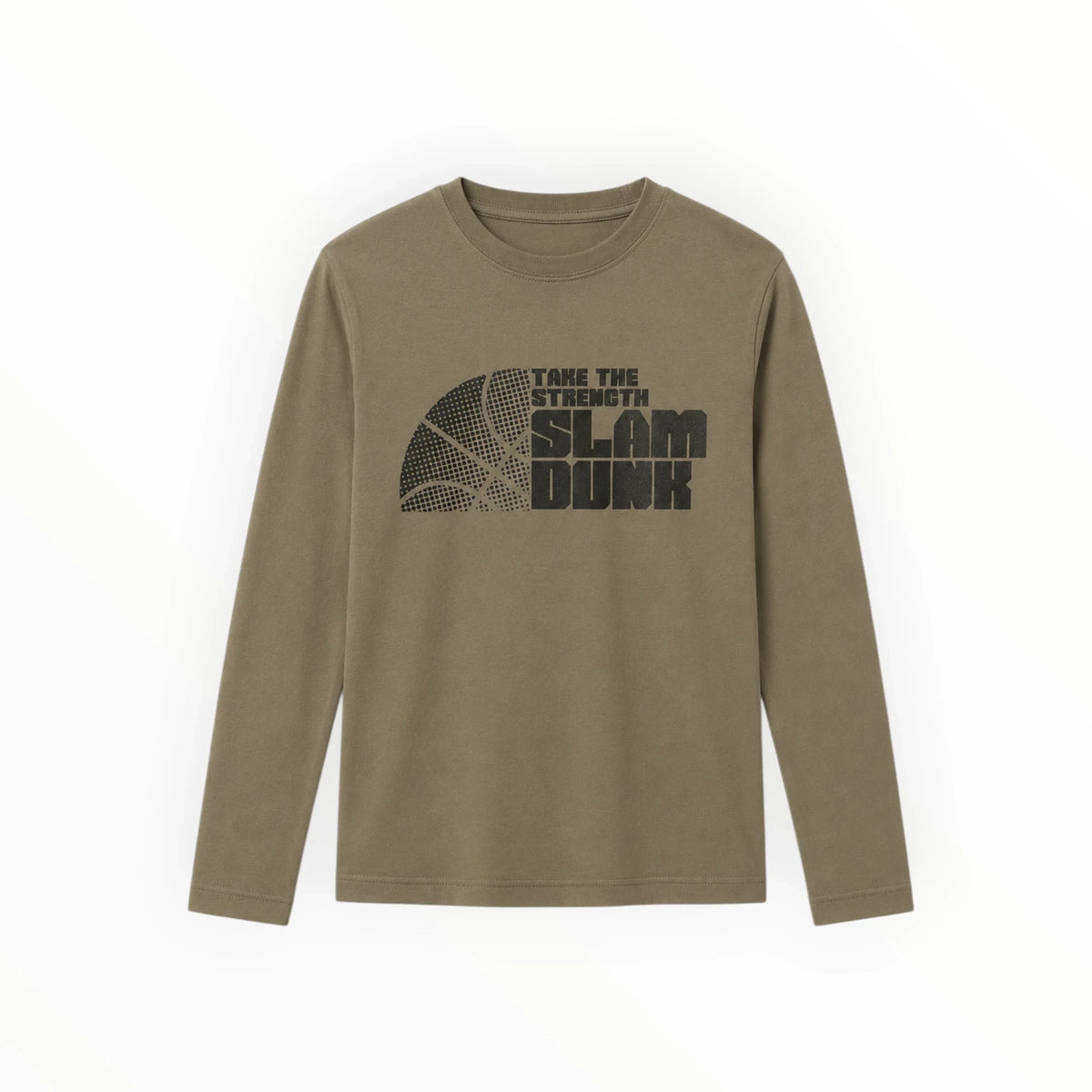 Pierrot Outlet olijfgroen jongens T-shirt met lange mouwen, ronde hals en basketbal grafische print op de voorzijde.