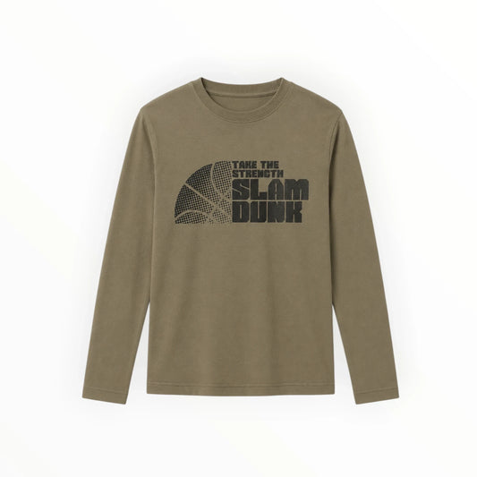 Pierrot Outlet olijfgroen jongens T-shirt met lange mouwen, ronde hals en basketbal grafische print op de voorzijde.